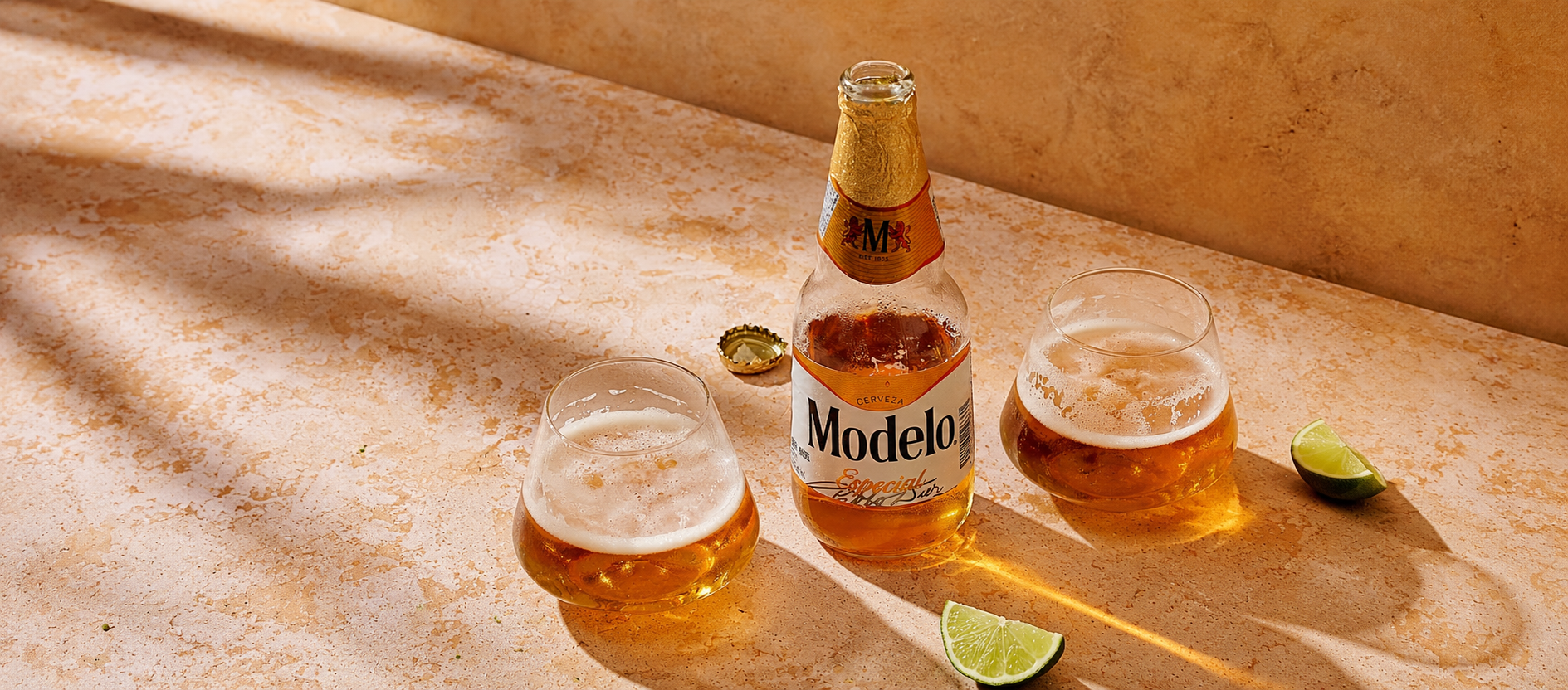 Modelo beer bottles and glasses